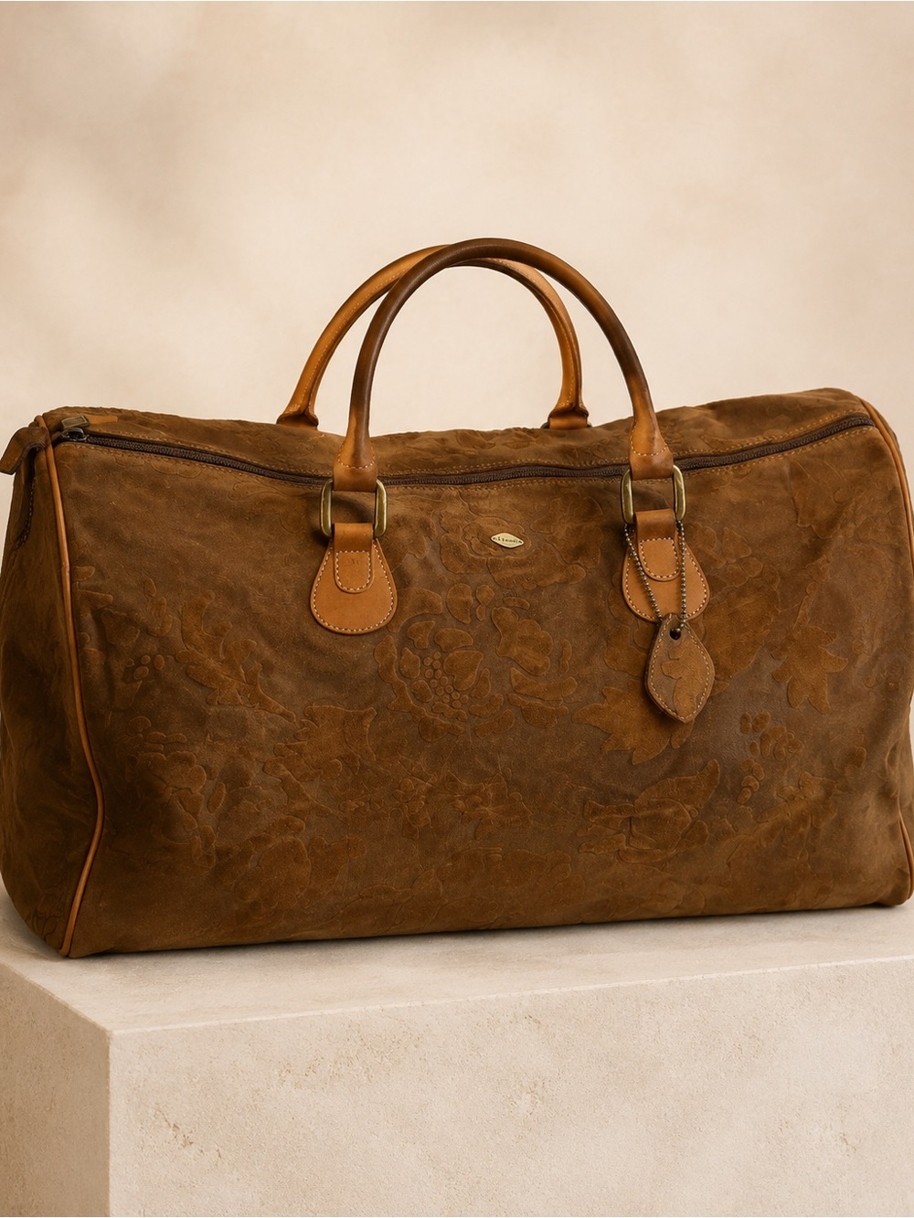 I Santi Floral Embossed Suede Leather Weekender Bag Italy Excellent